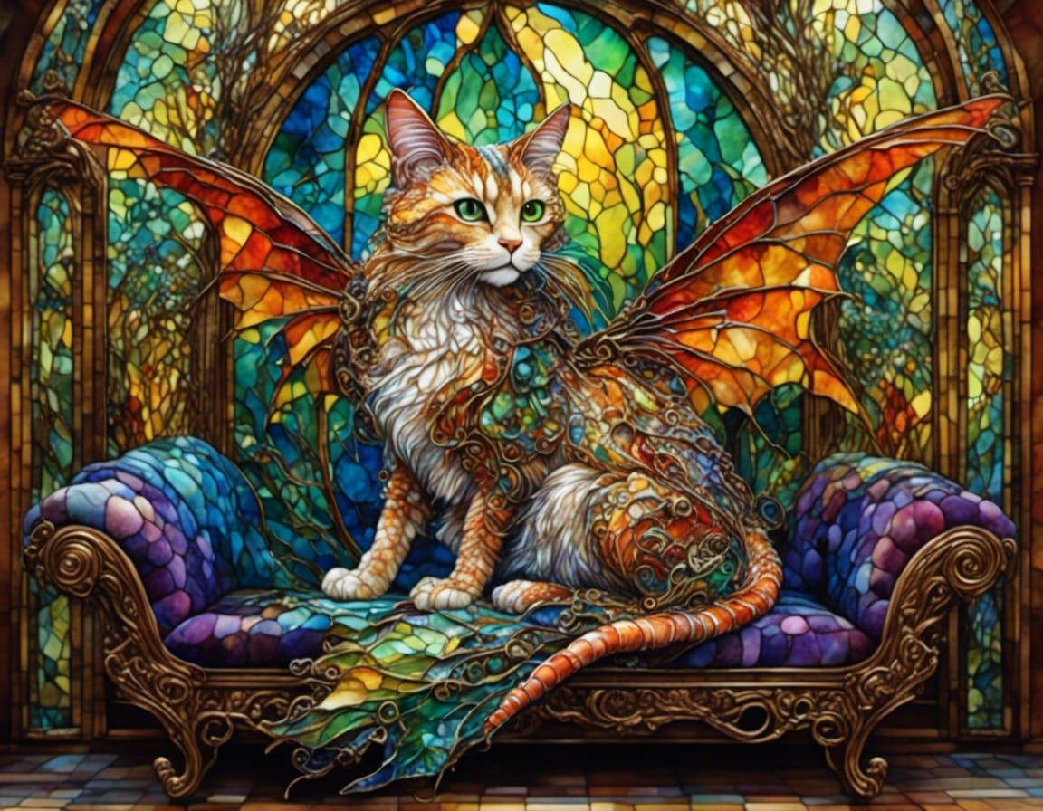 Stained glass dragon cat
