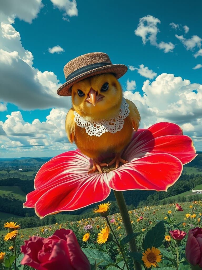 Create an epic oil painting of a Strange Crazy Grumpy Chick, characterized by vibrant colors and high contrast. The scene should have a surr...