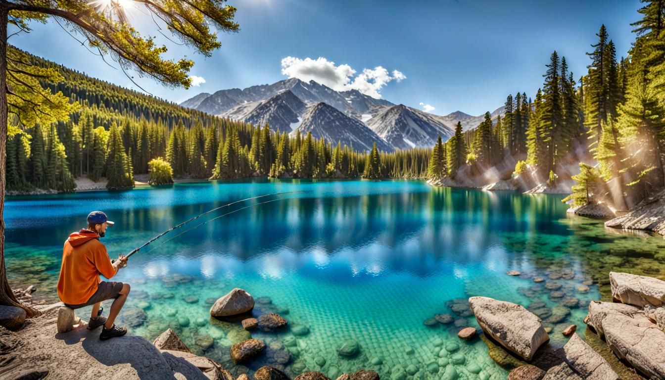 A fisherman fishing from the wooded shore of a beautiful sapphire blue