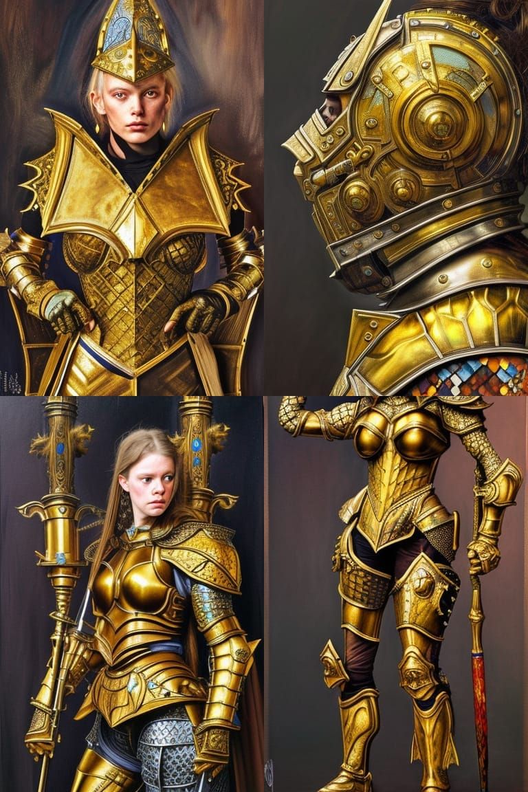 Battle maiden, Ornate gilded armor, Masterpiece portrait pho...