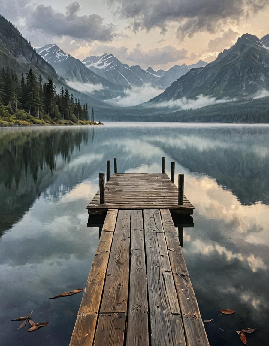 Moody Oil Painting, A weathered, wooden dock jutting out into a fog-covered lake, with distant, shadowy mountains in the background