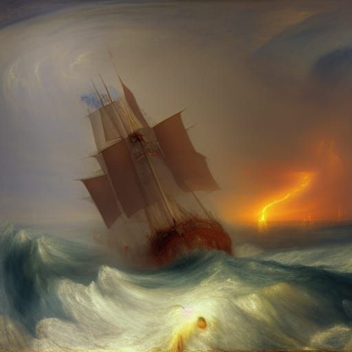 Thunderstorm at sea, tall ship, big waves, lightning and thu...