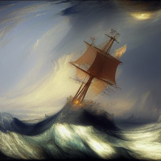 Thunderstorm at sea, tall ship, big waves, lightning and thu...