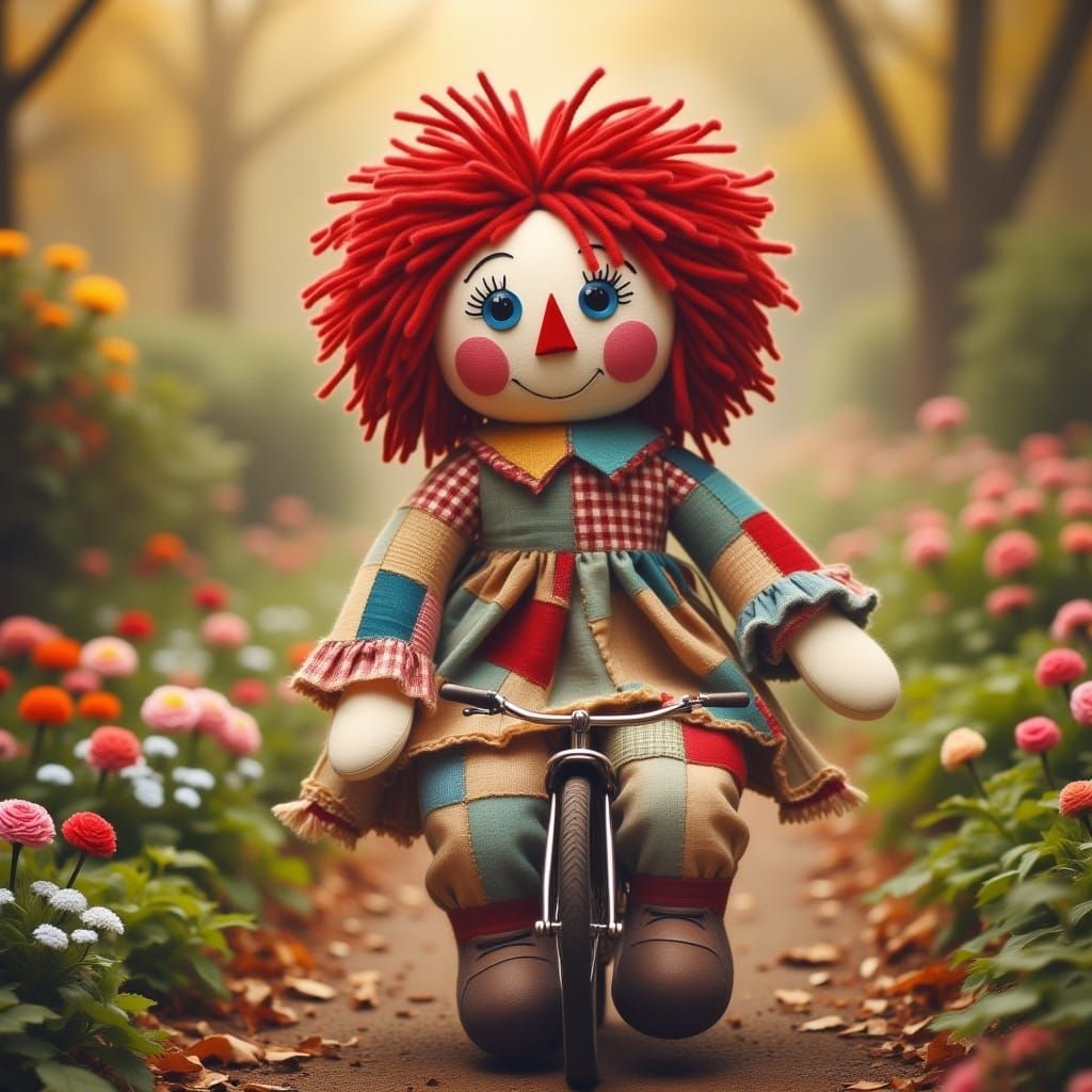 <lora:Ragdoll:1.0>long shot of a Raggedy Ann ragdoll made out of burlap and quilt pieces, finely sewn patchwork, and red yarn for hair. Clas...