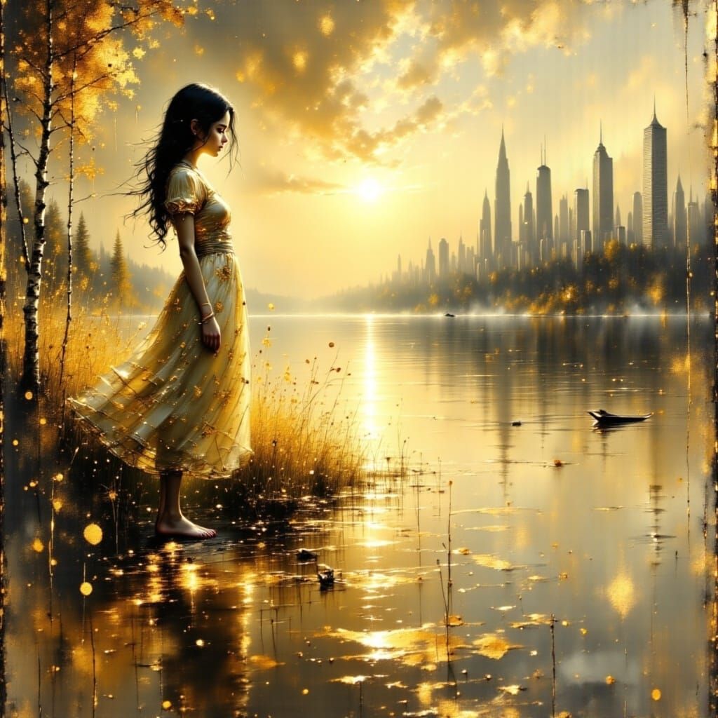 A breathtaking hyperrealistic scene at golden hour: a beautiful young woman stands silently on the grassy ...  by @MythsCreator