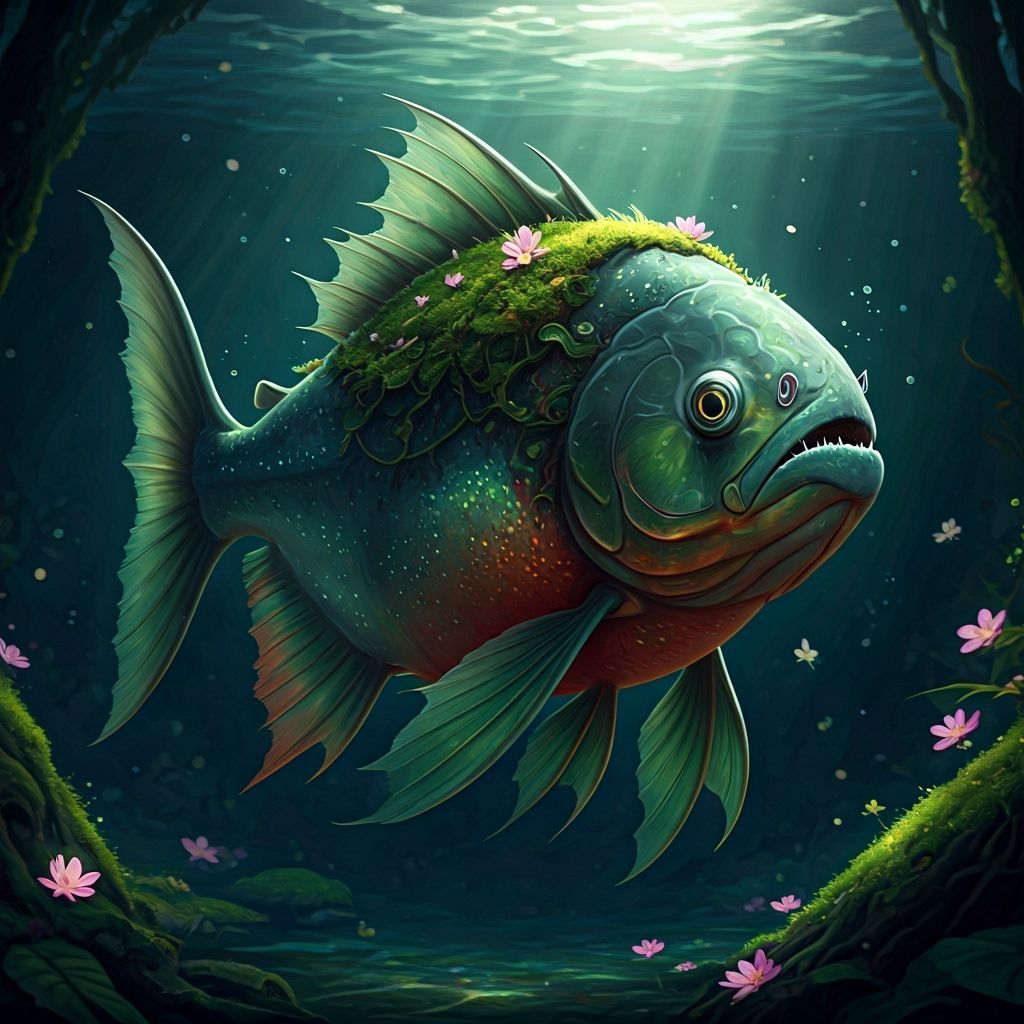 A wild shape druid transformed into a piranha – not just a regular fish, but a mystical creature infused with nature. Its body is sleek and ...