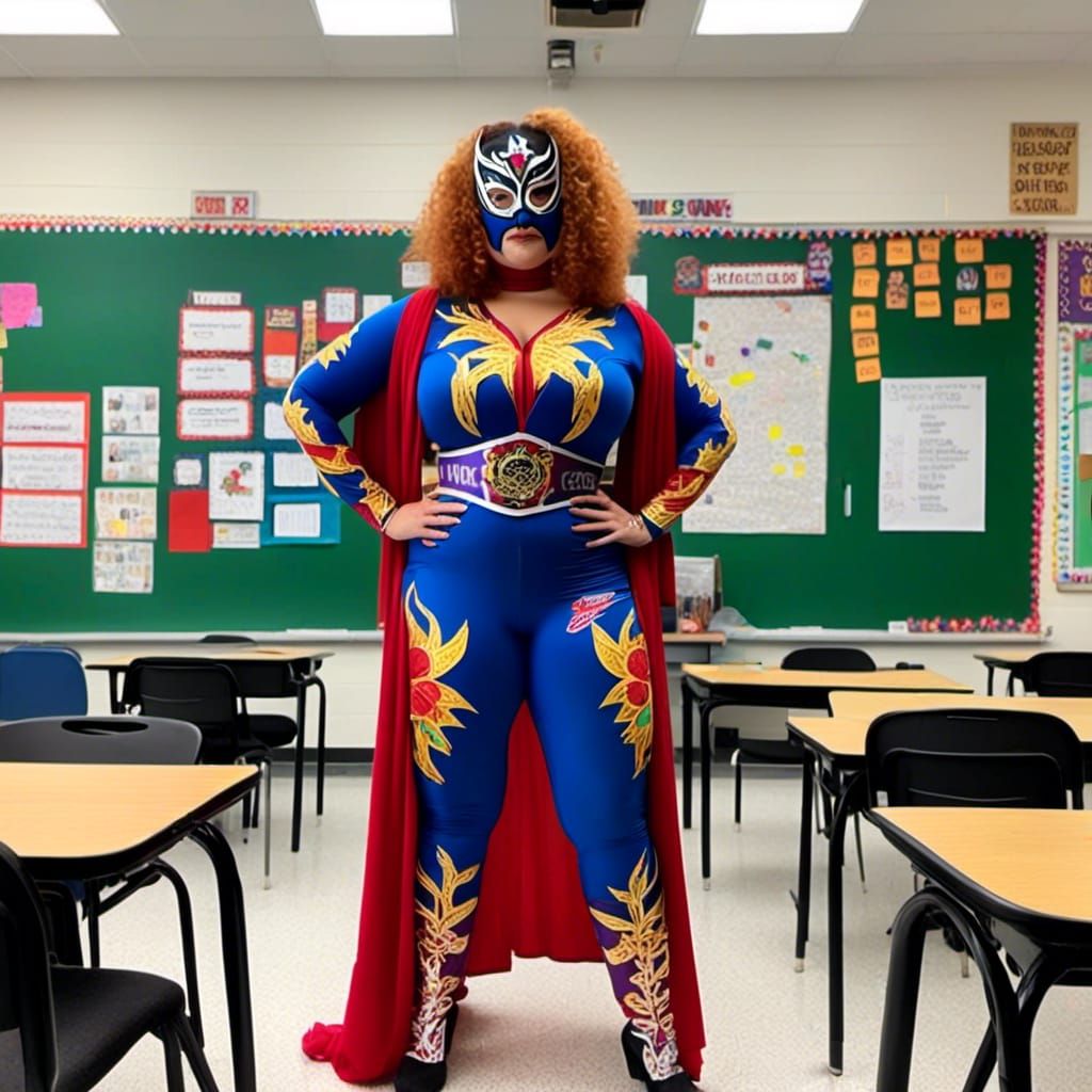 Miss Frizz dressed as ((<lora:Luchador:1.0>)) in front of a classroom