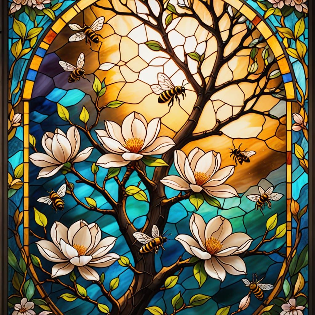 enameled painting on stained glass magnolia tree in full vividly coloured bloom swarmed by content bees ...  by @-jul2910-
