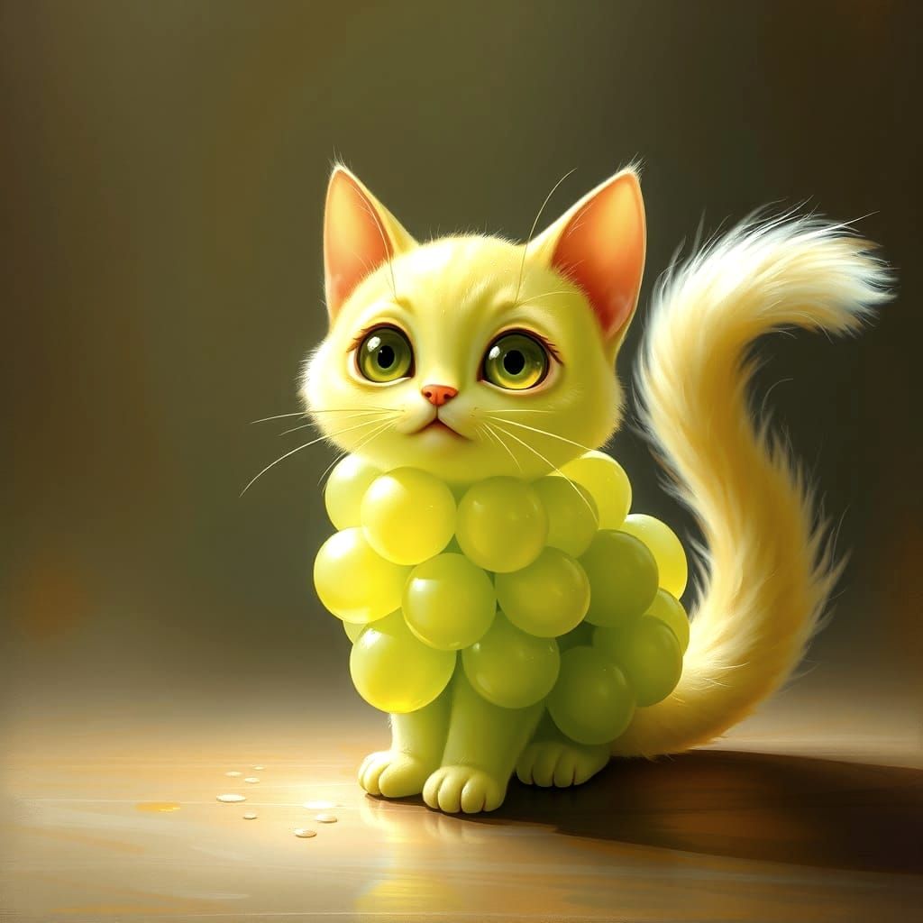 Whimsical Feline Formed from a Juicy Grape in Oil Painting S...