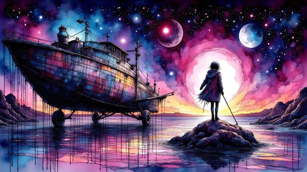 Journey through the stars,  
A wormhole hums in pink light,
The ship waits to dream.