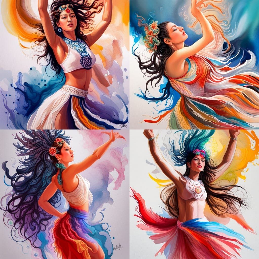 gorgeous mexican azteca dancer woman dancing, colorful ink f...