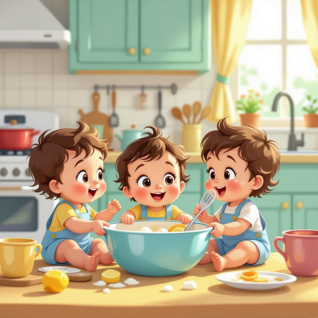 Babies Joyfully Playing in a Whimsical Kitchen