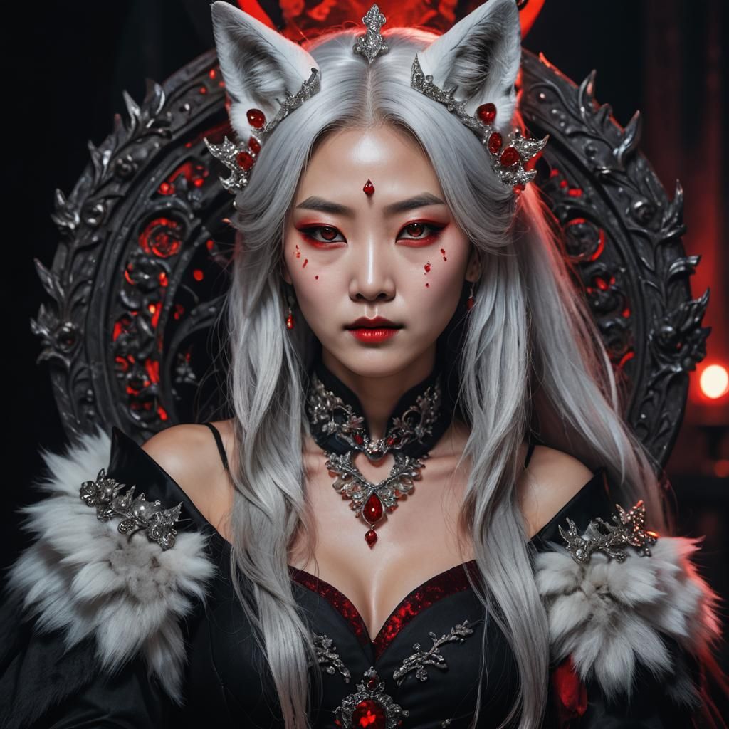 korean lady silver hair black dress red crystals white fox e...