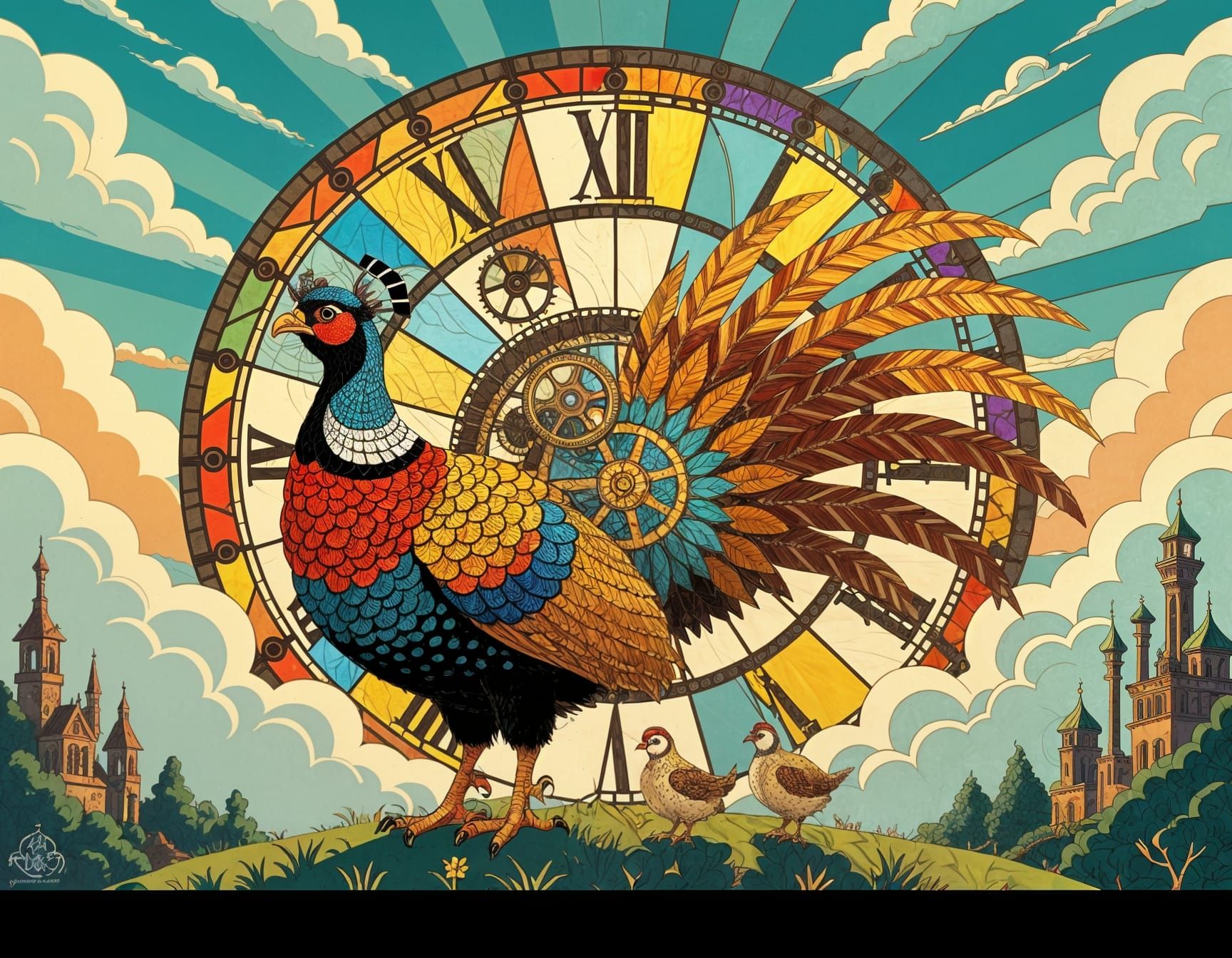 A giant pheasant with its chicksgears and clockwork mechanisms are visible beneath their surface. The central disk is a mosaic of stained gl...