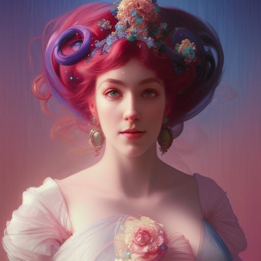 pink and blue royal Victorian ball gown head and shoulders p...