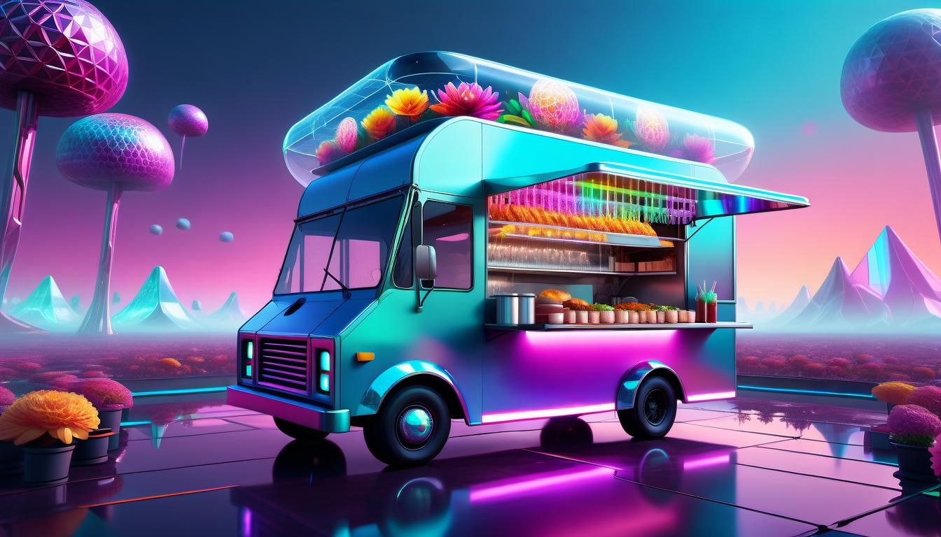 Glass Plane Futuristic food truck multicolor keys note flowe...