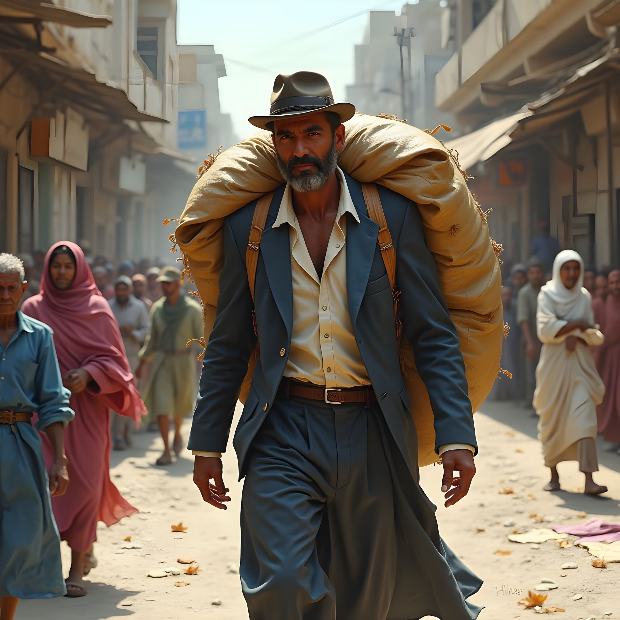 Rich man helping the poor by carrying food on his back to feed the homeless on the streets of Baghdad Hyperrealistic, splash art, concept ar...