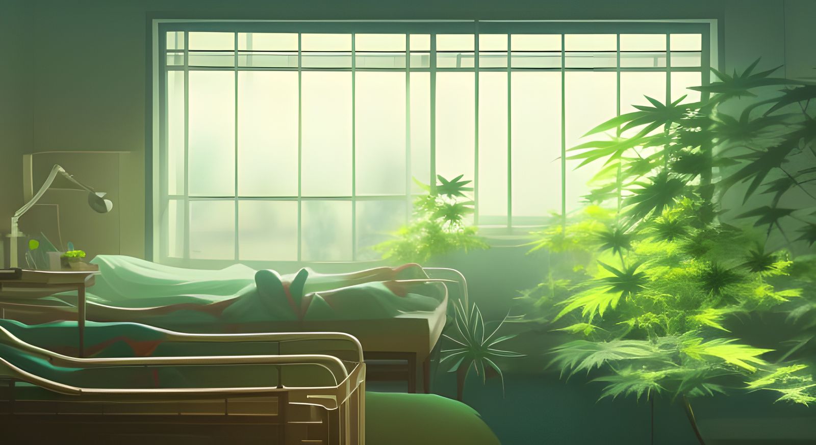 Hospital room overgrown with cannabis leaves.