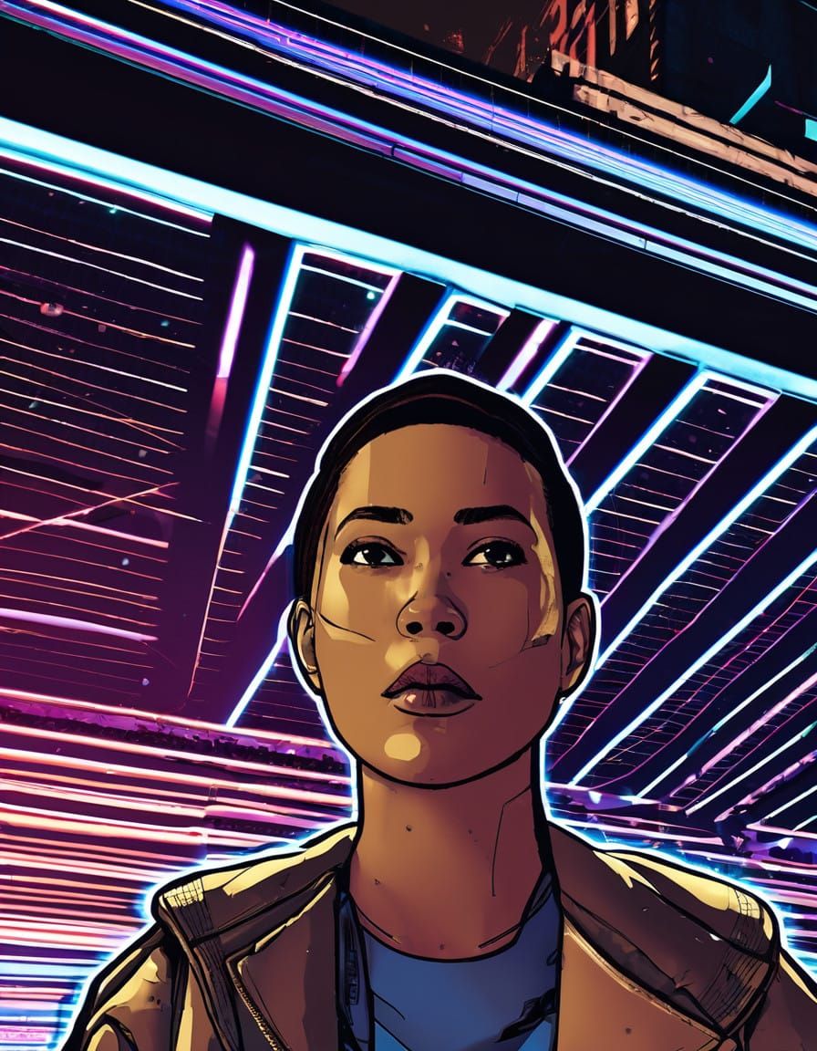 Cyberpunk Cityscape with Heroic Cyborg Woman