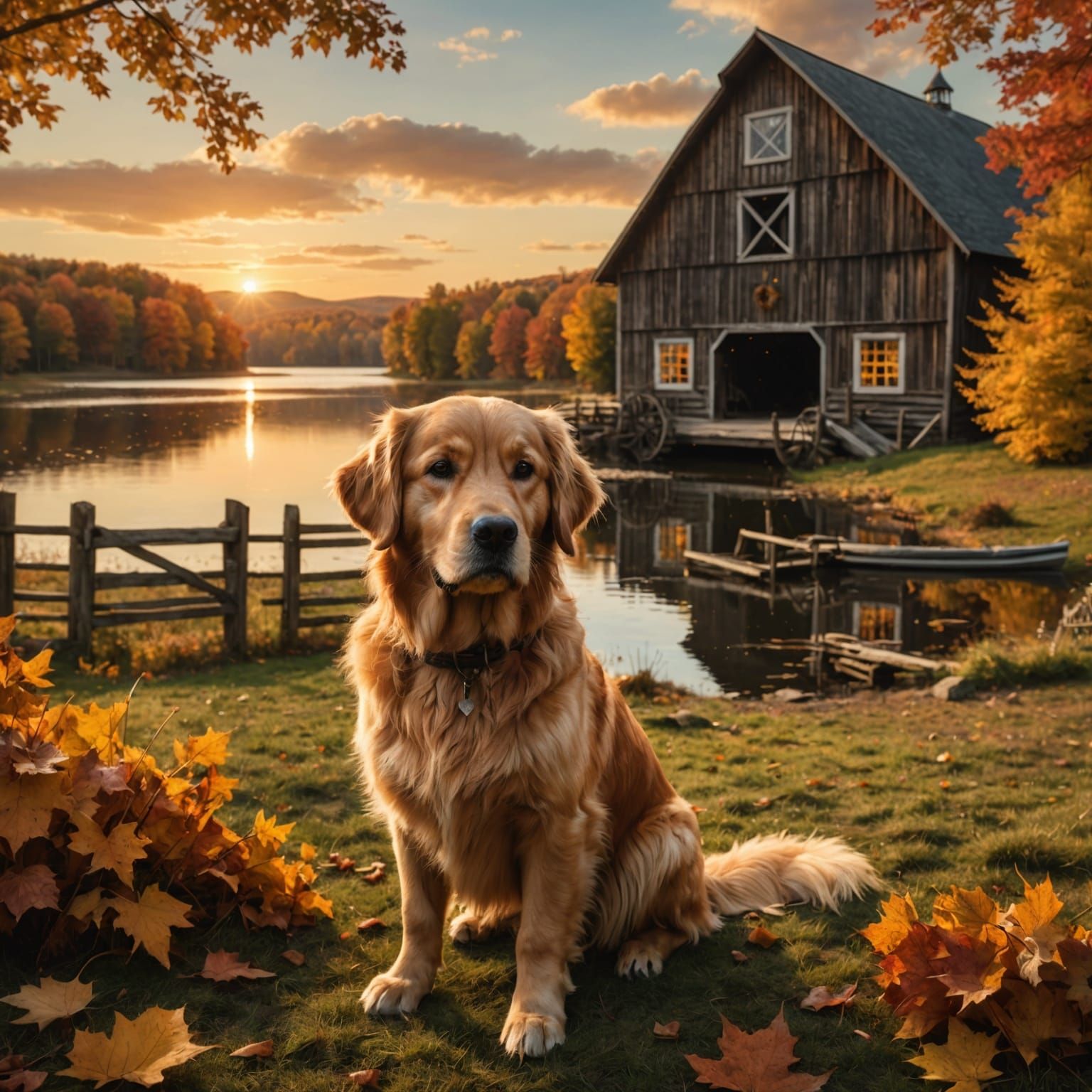 A golden retriever at a barn wedding in Vermont during autumn. Sunset. Lake in background.