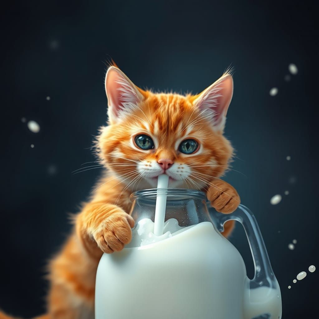 Orange Cat Drinks Milk: Detailed Matte Painting