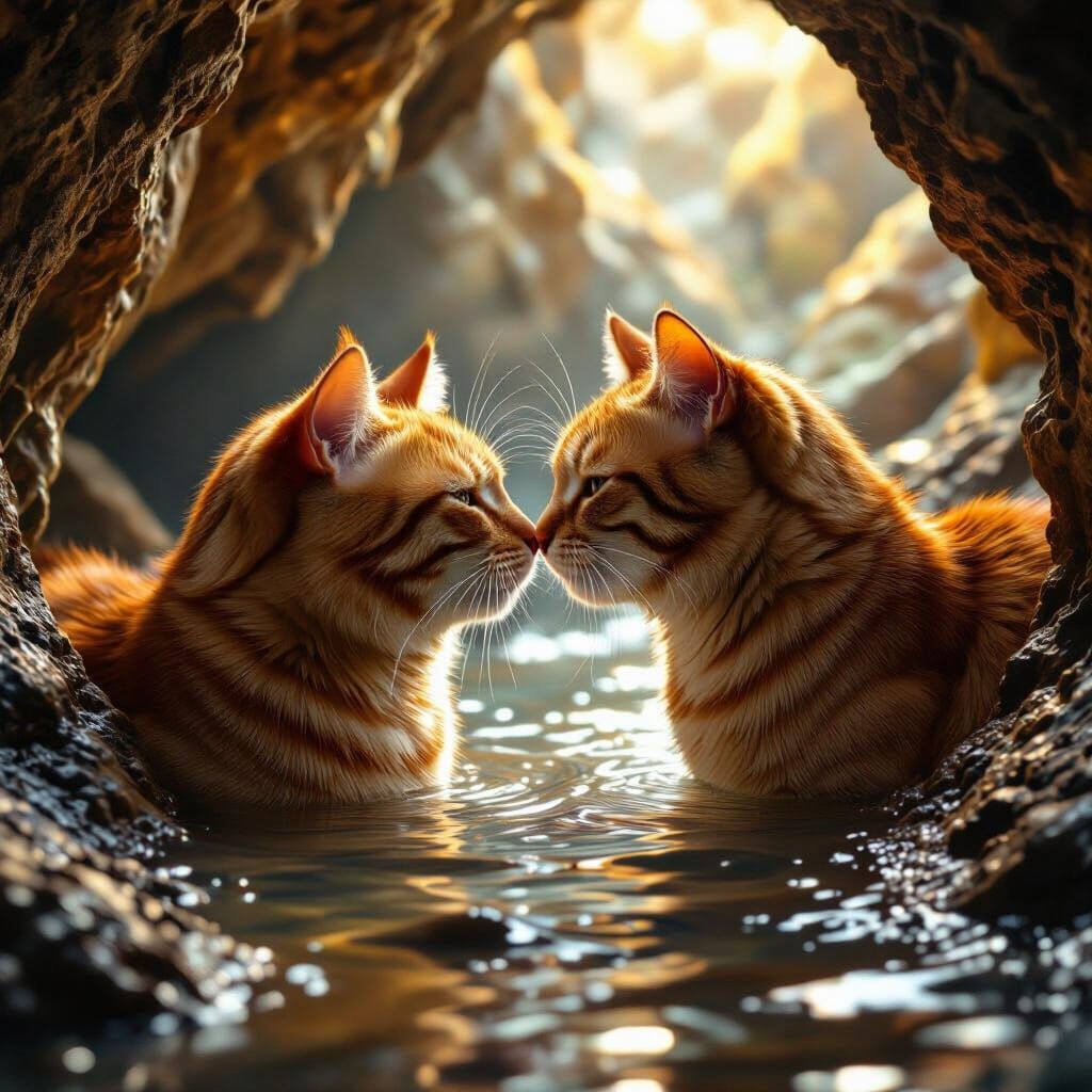 Ginger Tabby and Amber Cat Nuzzle in Water Cave