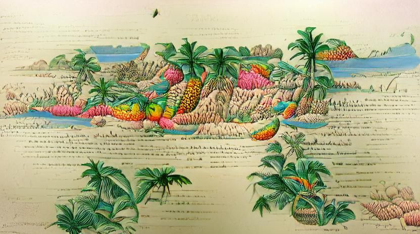 Detailed colored ink on paper, illustration of a tropical paradise