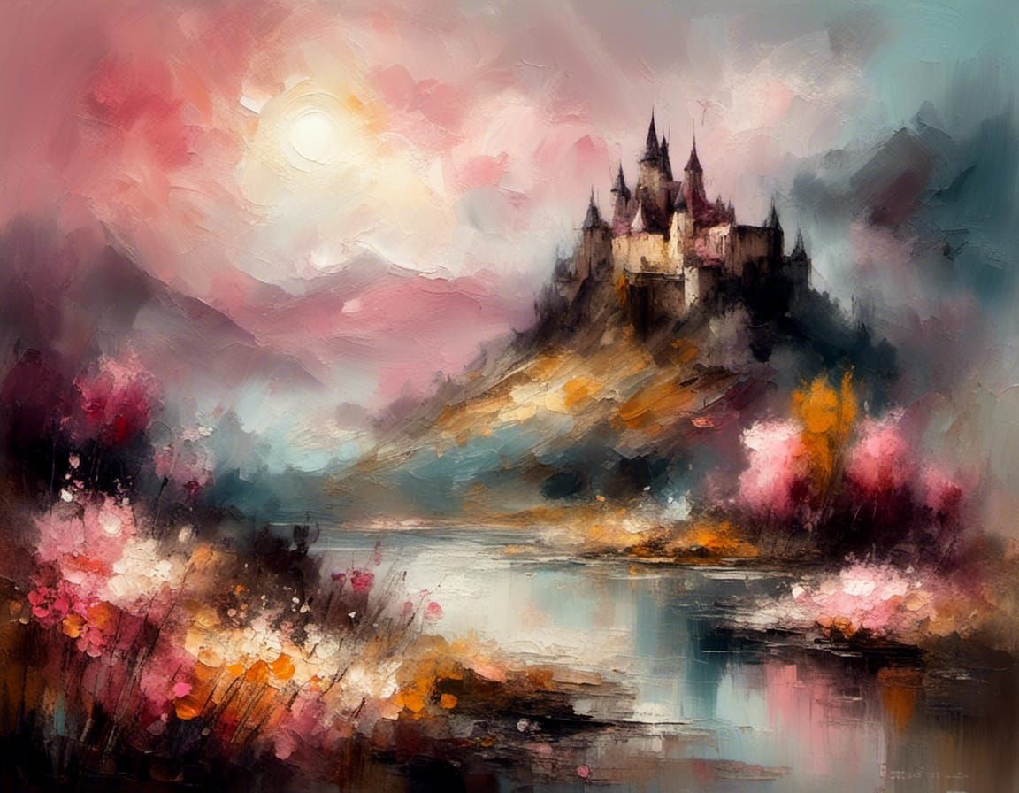 Castle on a hill in a foggy landscape