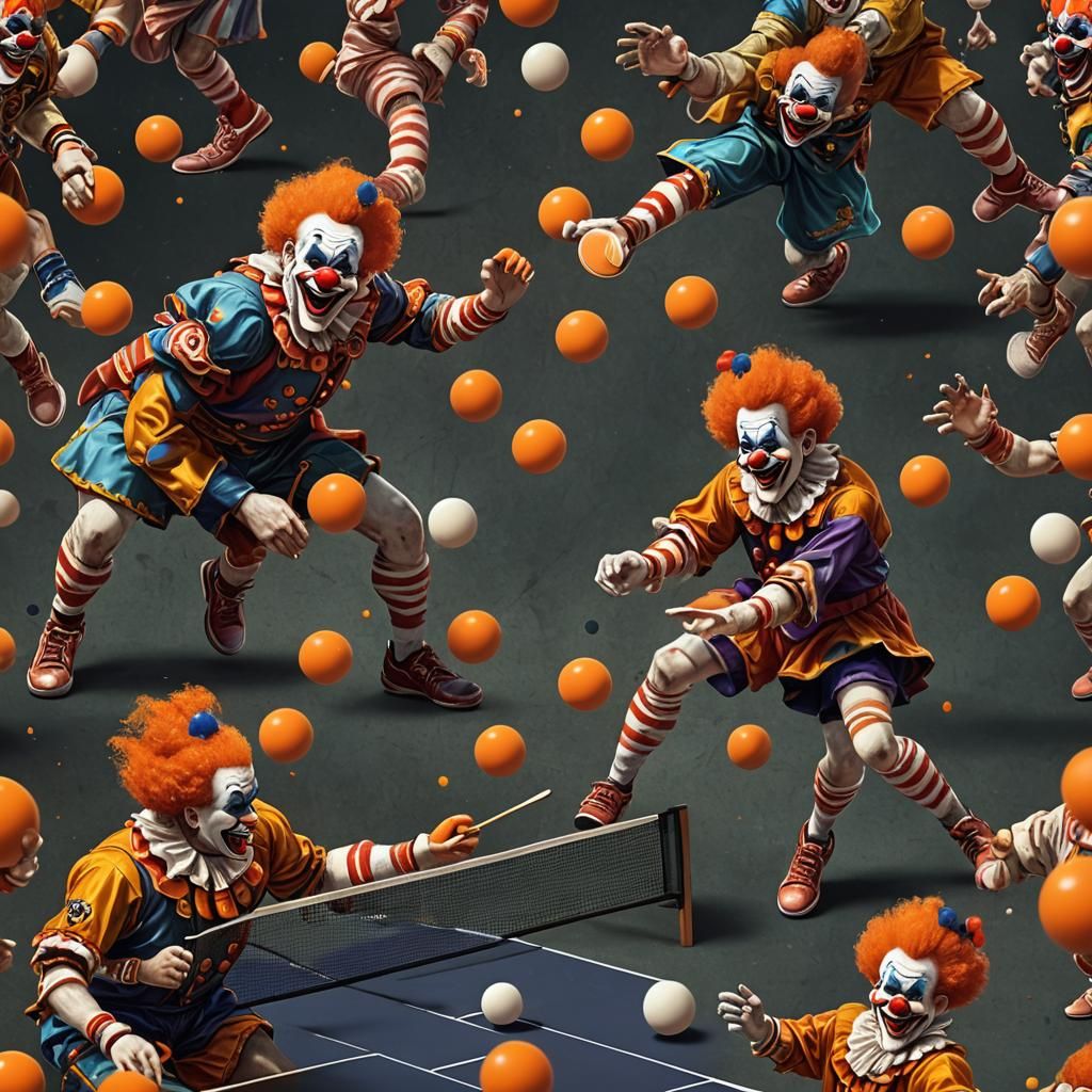 Close-up, Clowns play table tennis with an orange football
