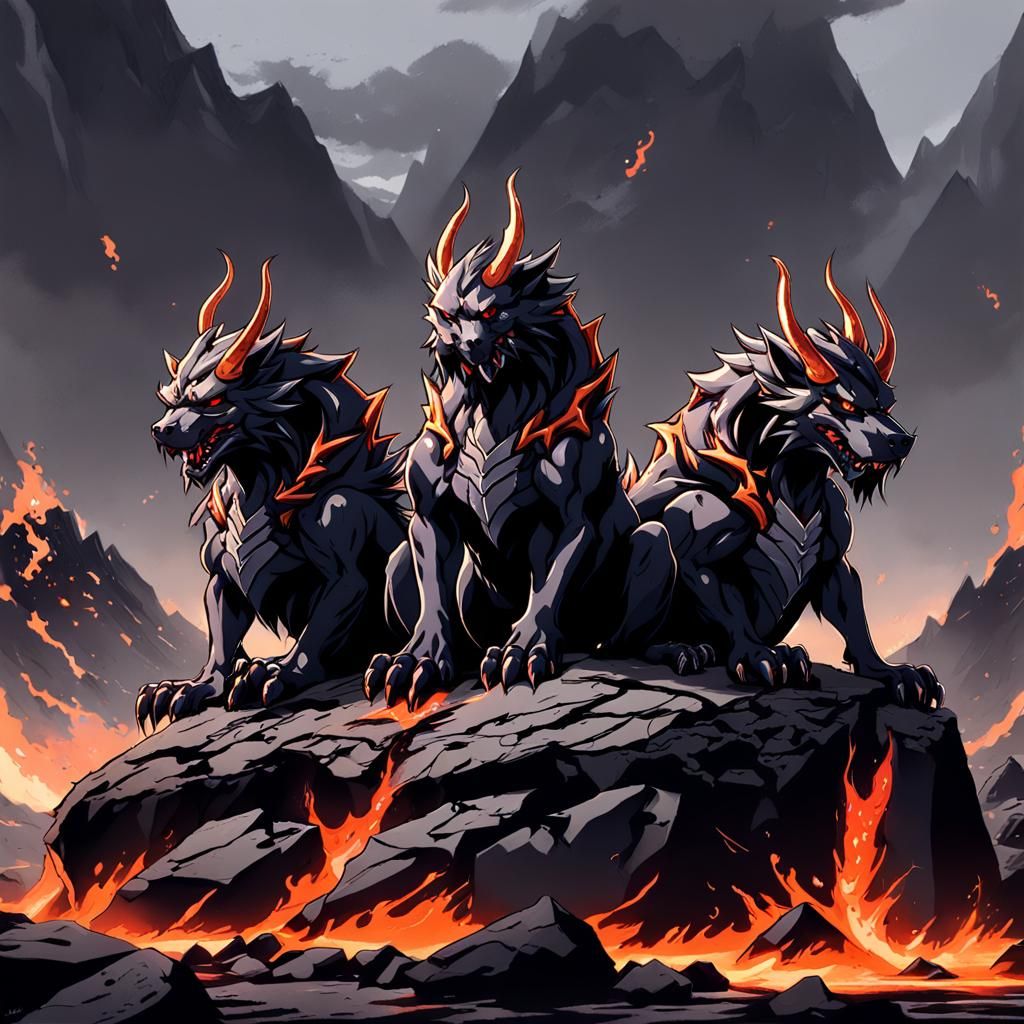 3 headed Cerberus dragon sitting on a lava rock - AI Generated Artwork ...