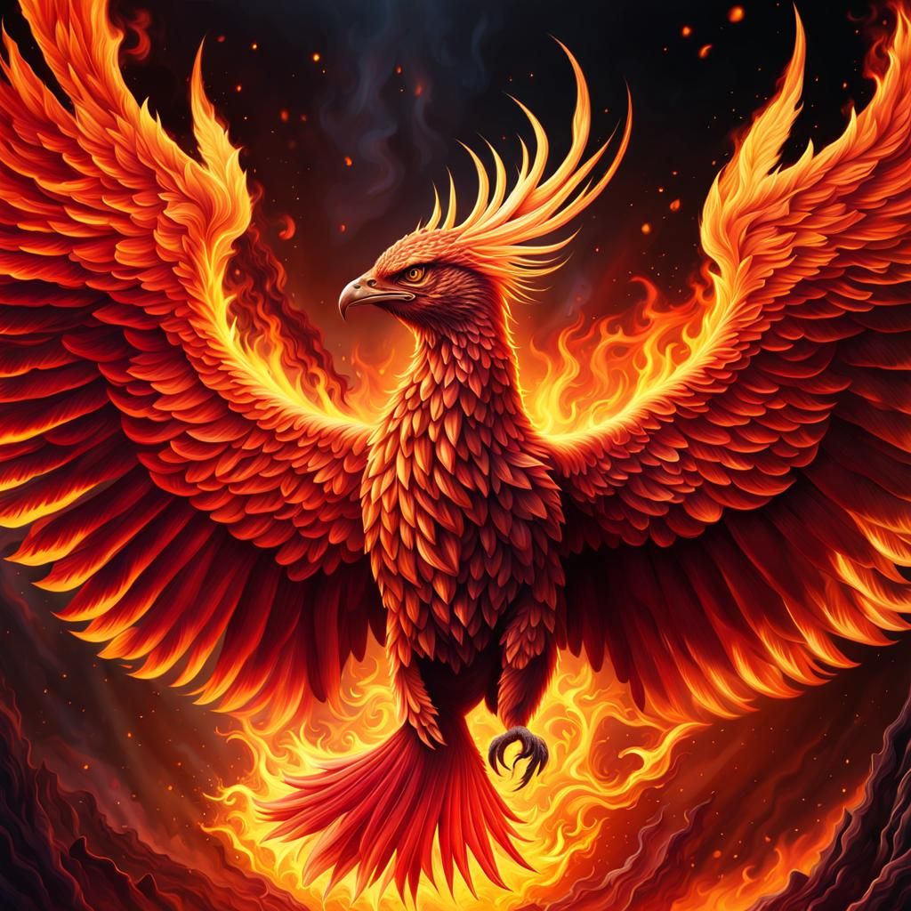 epic rising PHOENIX bursting in darkred roaring flames in a BURNING ...