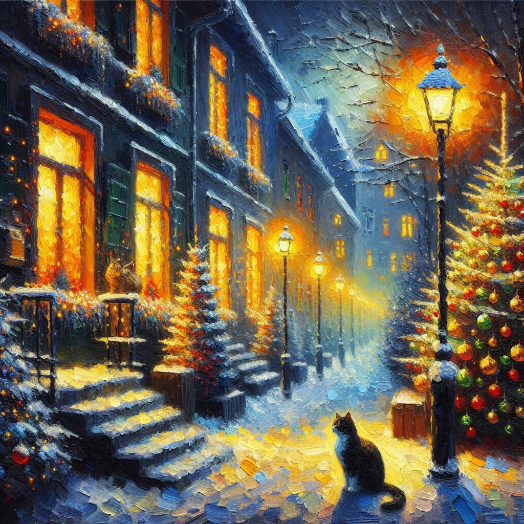 A quiet christmas street bathed in the diffused glow of streetlamps  by @EHACKMANN 