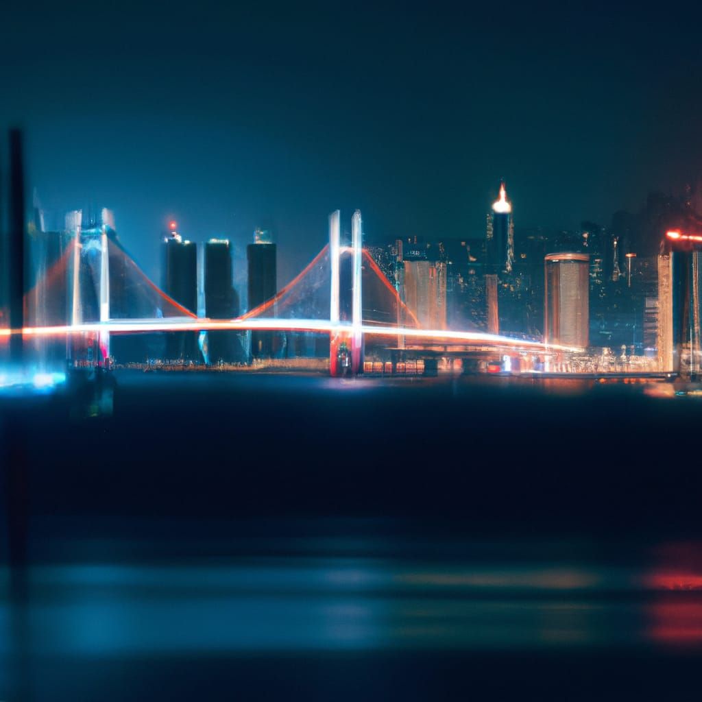 Night View of Skyscraper City with Cross-Sea Bridge