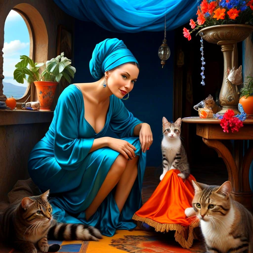 Surrealistic Portrait of a Happy Lady with Cats in a Fantast...