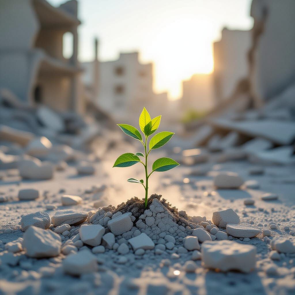 Hopeful Plant Emerges from Ruins: Photorealistic Style
