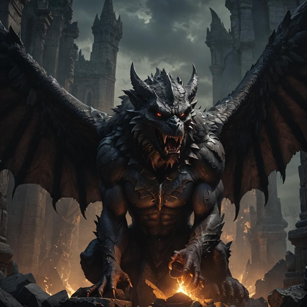 a eerie muscular vampire gargoyle beast with a mix of a vulture demon eagle. sinister art style by Greg Rutkowski
