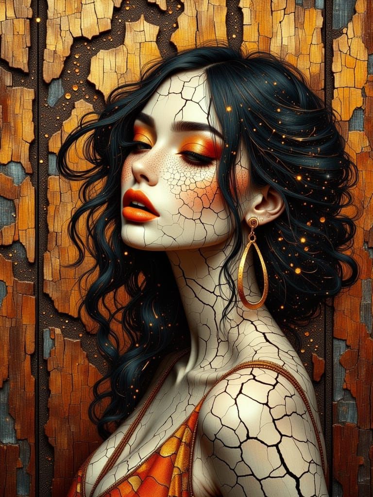 <lora:divineOil:1.0> <lora:MOSAIC IN BEAUTY:1.0> <lora:Goth Grunge Beauty:1.0> <lora:CRACKLED IN BEAUTY:1.0> Red beige, A gorgeous portrait ...