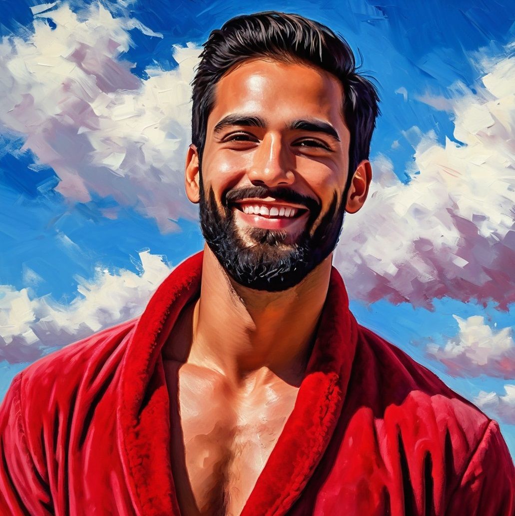 A handsome  bearded man wearing a   red    velours  bathrobe