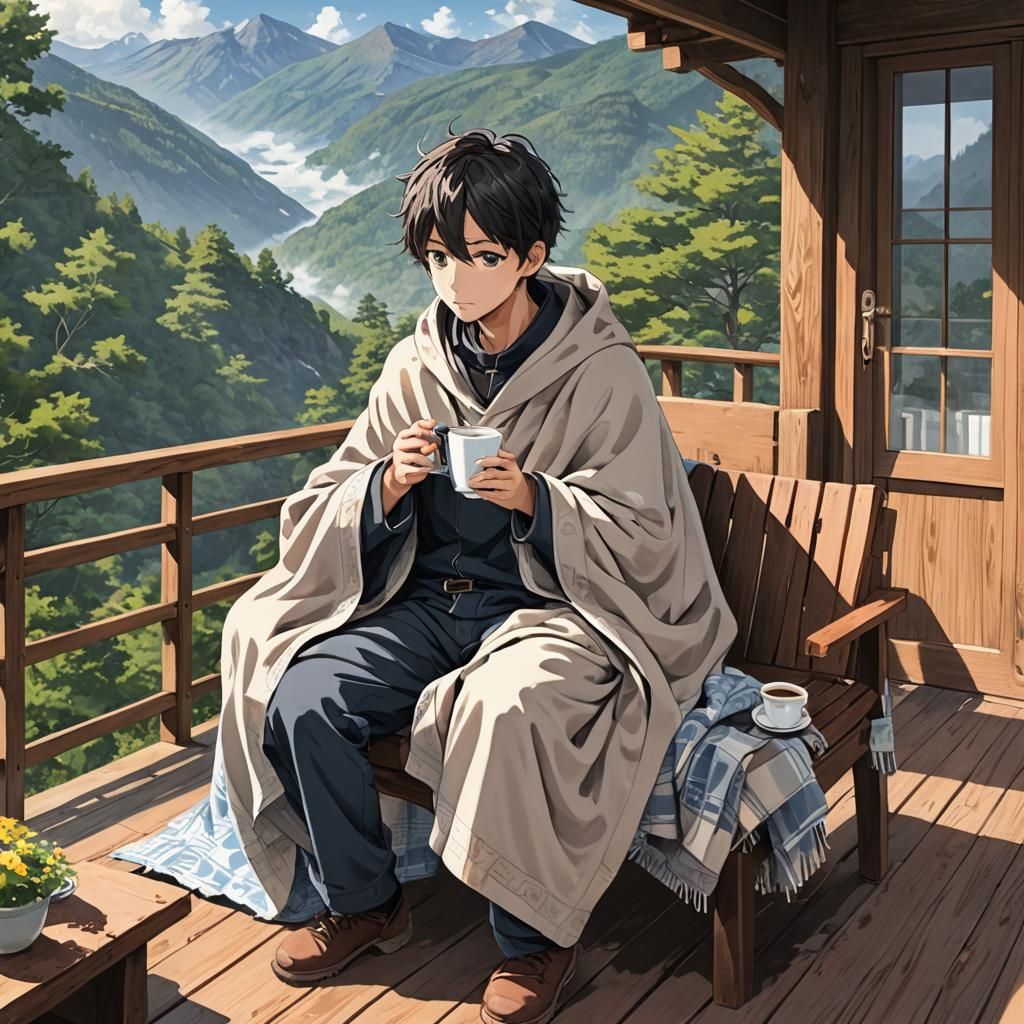 boy drinking coffee covered by a blanket sitting on a chair on the porch of  the mountain house - AI Generated Artwork - NightCafe Creator