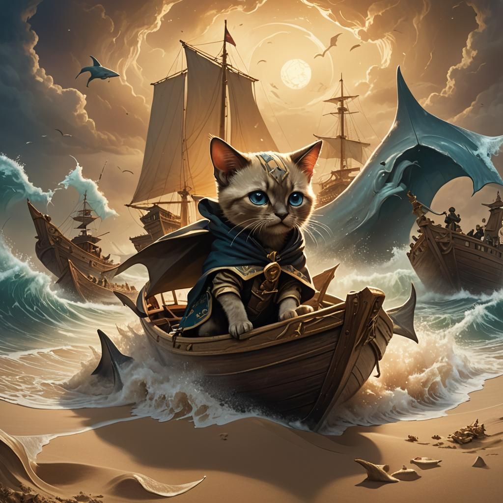 A beautiful Siamese kitten sailing a boat through an ocean o...