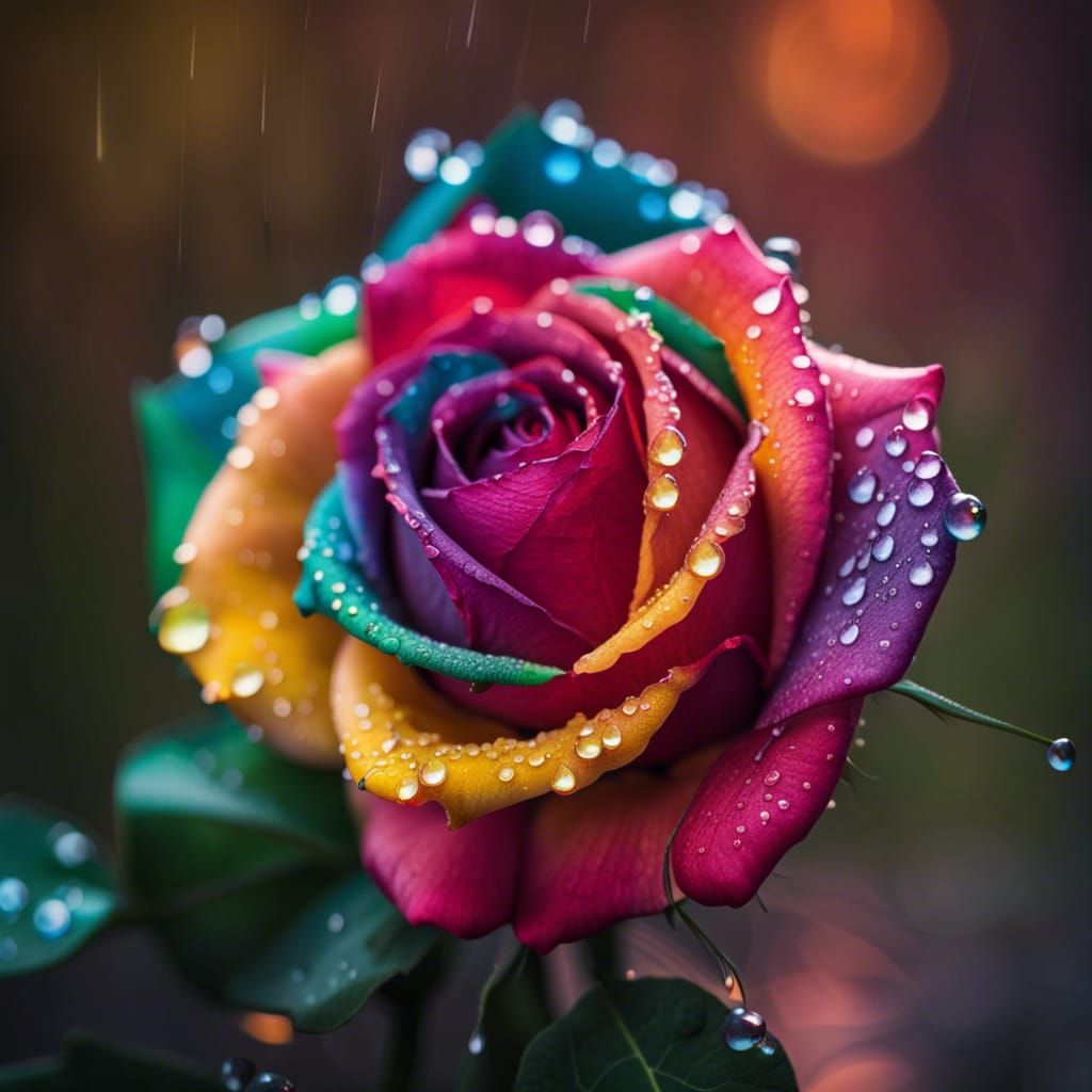 Rainbowcolored rose with drops of rain on it, closeup  by @Metuxa