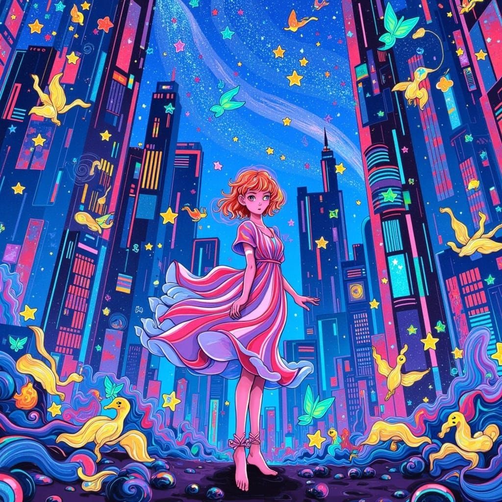 Intricately detailed illustration style. Textured, clean art. A girl wearing a dress, standing in a city that has towering oppressive buildi...