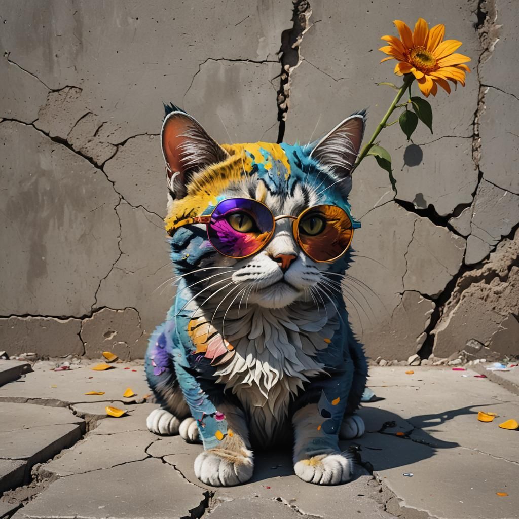 a cat wearing sunglasses, a person with brightly colored hai...