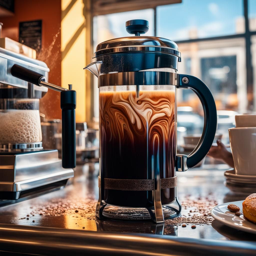 detailed French press on the counter at a cafe, coffee, steam, lattes, pastry case,  Hyperrealistic, ...  by @carammelcreator