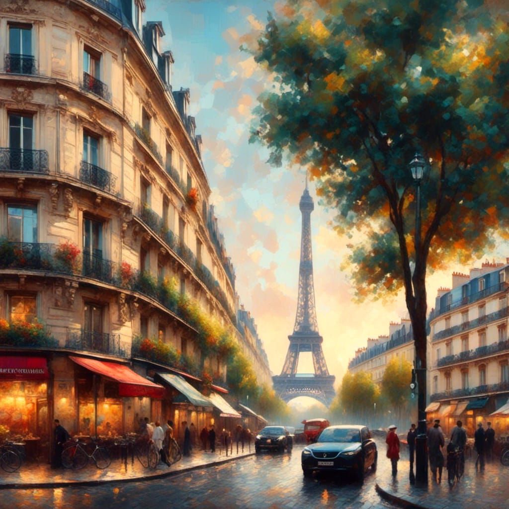 <lora:RomanticismOilXL:1.0> Paris quarter Eiffel tower view from the street 