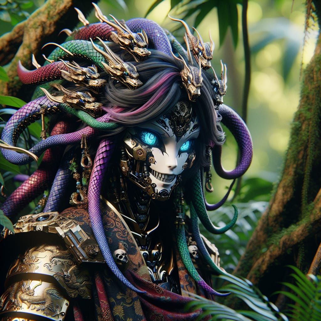 Anime Robotic Medusa in Safari Jungle