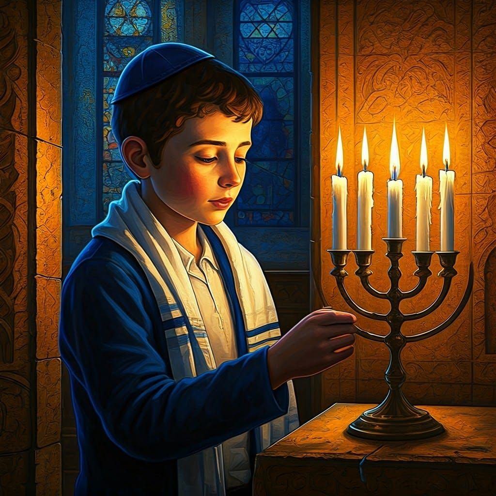 Traditional Jewish Boy in Cozy Synagogue Lighting Hanukkah M...