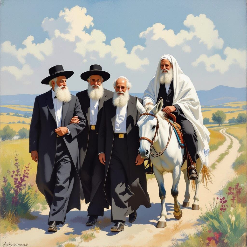 Rabbis Walking with Messiah in Dreamlike Landscape