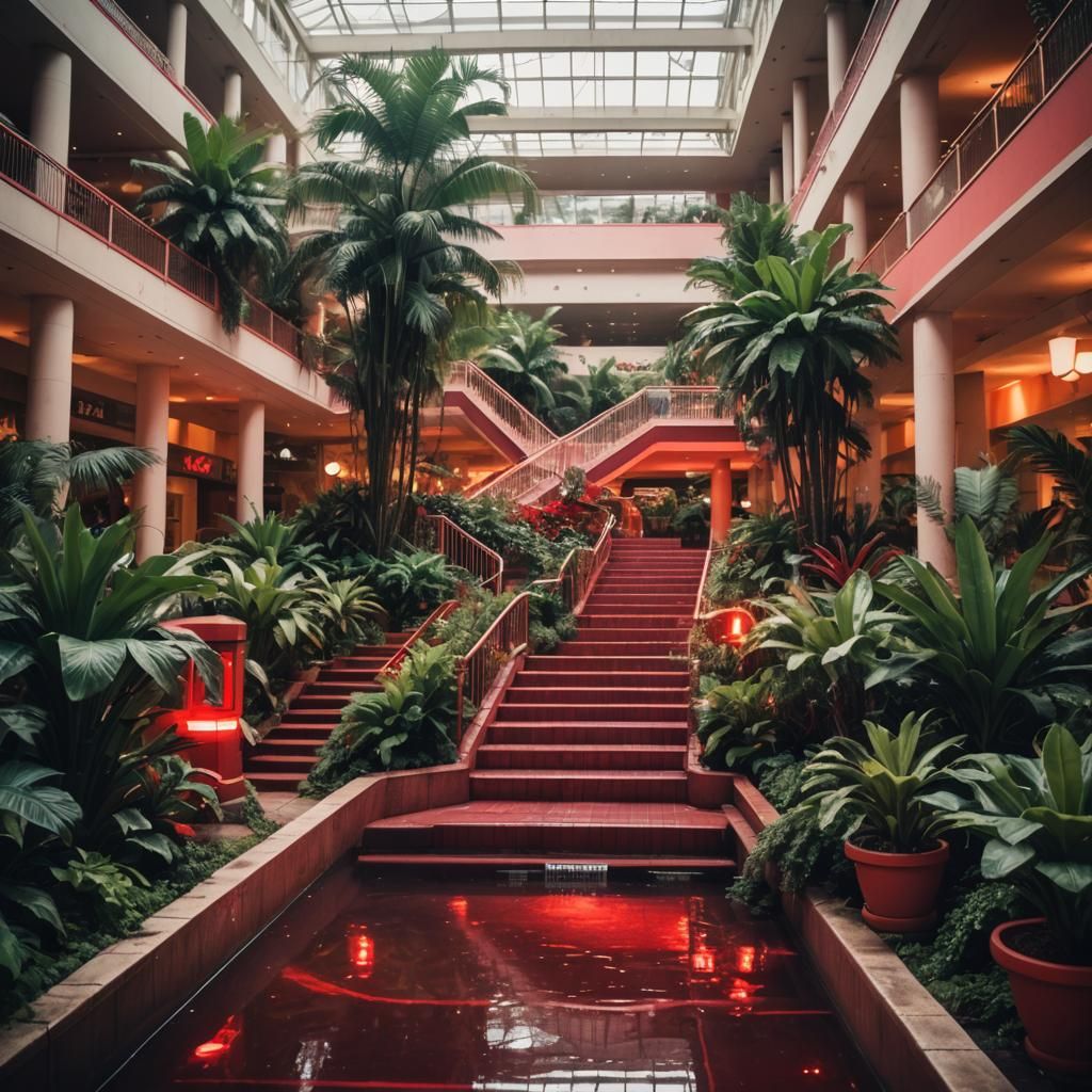 Vintage glow dead Mall Red swimming pool exotic plants stair...