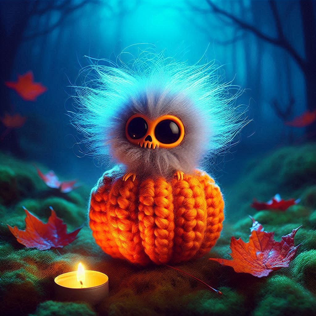 Crochet Pumpkin with Autumn Leaves and Candle